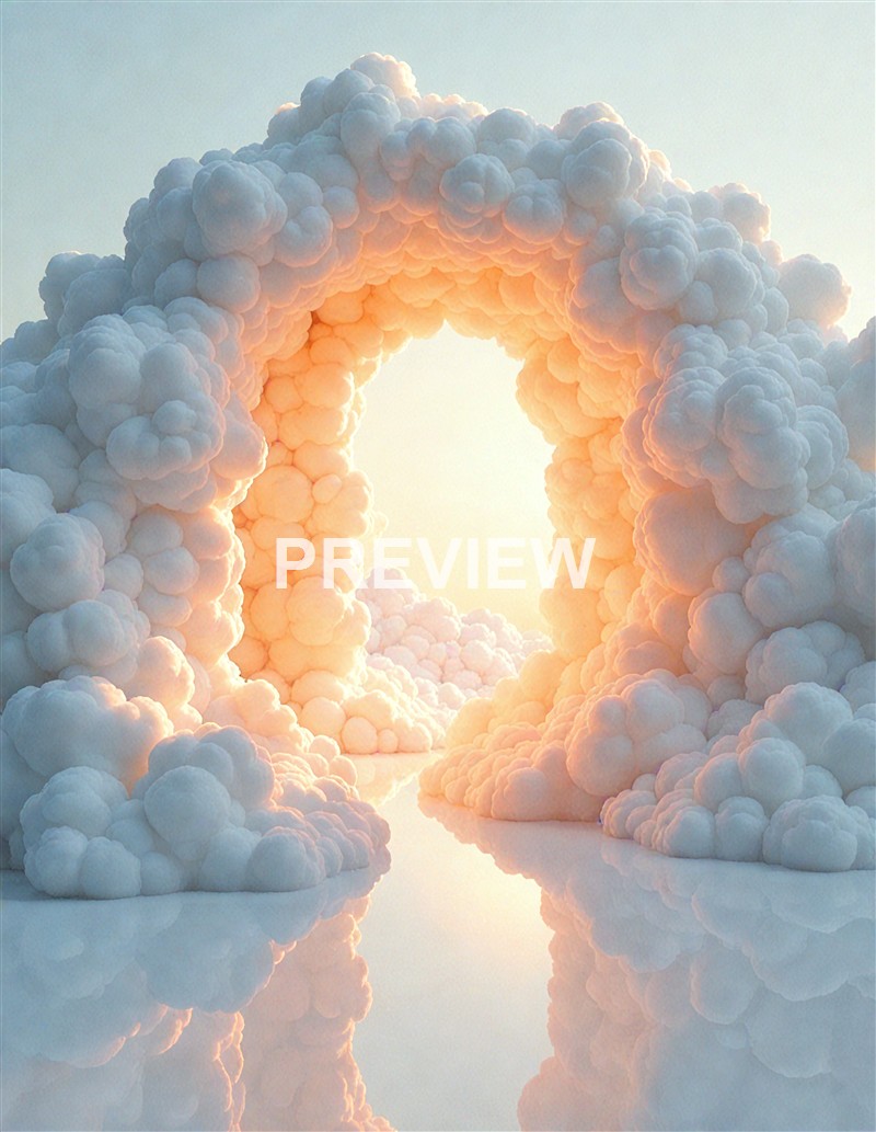 The image depicts a large, circular opening in a formation of fluffy, cloud-like structures with a warm, glowing light shining through the center.